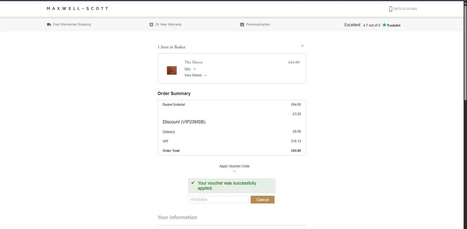 Maxwell Scott promo code screenshot showing code VIP23MSB applied at Maxwell Scott checkout page. Uploaded by SimplyCodes community member ScanWarden1089 on Dec 2, 2025