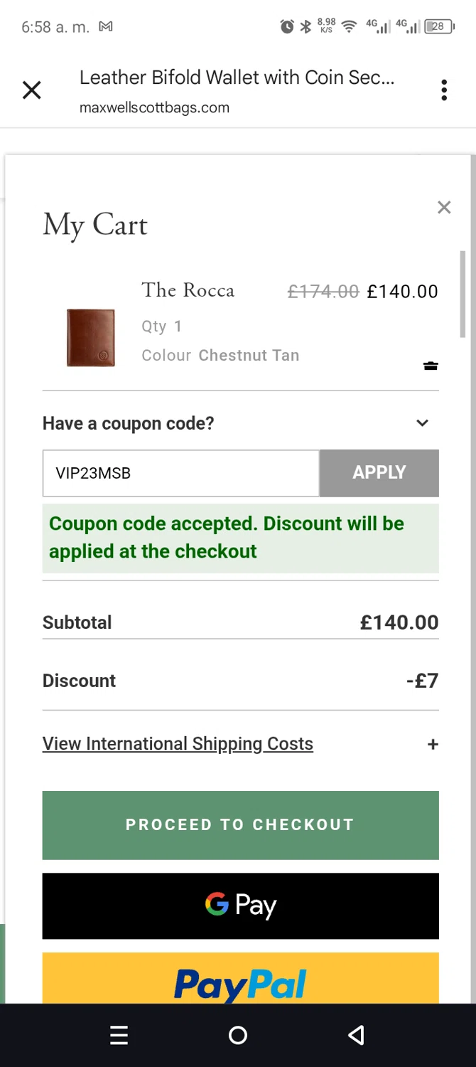 Maxwell Scott promo code screenshot showing code VIP23MSB applied at Maxwell Scott checkout page. Uploaded by SimplyCodes community member leiraM on Dec 24, 2025