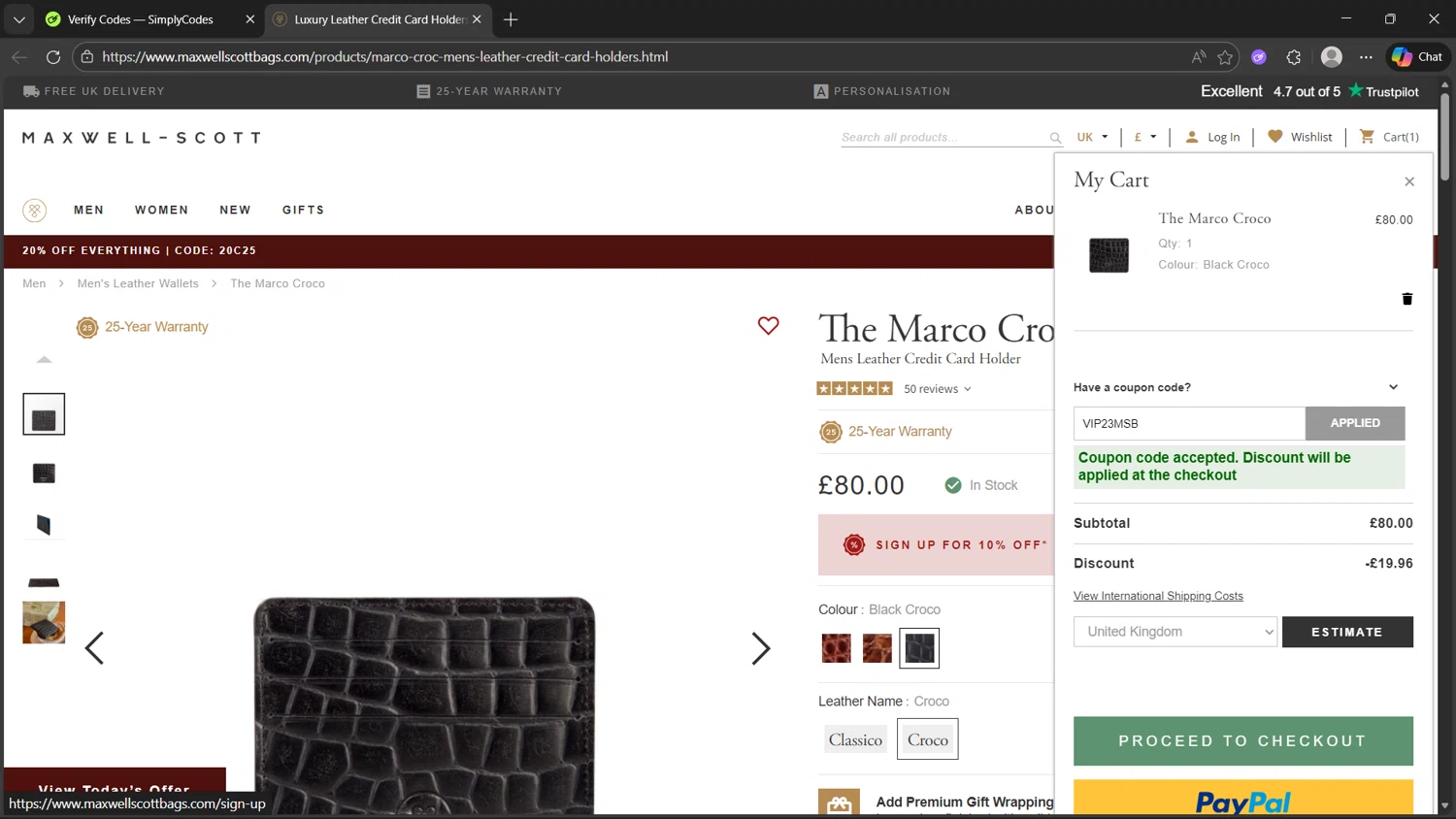 Maxwell Scott promo code screenshot showing code VIP23MSB applied at Maxwell Scott checkout page. Uploaded by SimplyCodes community member steve_jeff on Dec 13, 2025