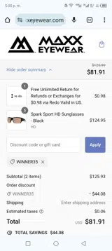 Winner35 coupon verification screenshot