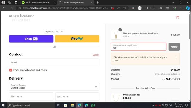 Maya Brenner checkout page showing Maya Brenner discount code box | Screenshot taken by SimplyCodes community member on May 12, 2024