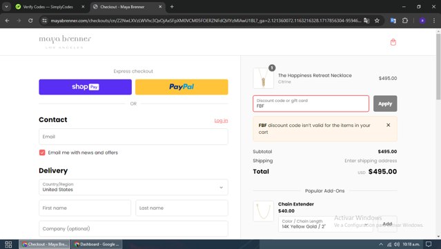 Maya Brenner checkout page showing Maya Brenner discount code box | Screenshot taken by SimplyCodes community member on Jun 8, 2024