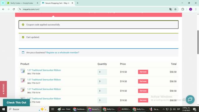 May Arts checkout page showing May Arts coupon code box | Screenshot taken by SimplyCodes community member on Aug 21, 2025
