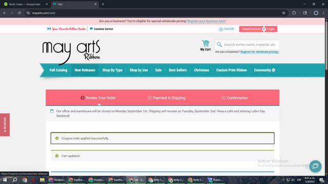 May Arts checkout page showing May Arts coupon code box | Screenshot taken by SimplyCodes community member on Sep 5, 2025