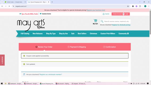 May Arts checkout page showing May Arts coupon code box | Screenshot taken by SimplyCodes community member on Aug 2, 2025