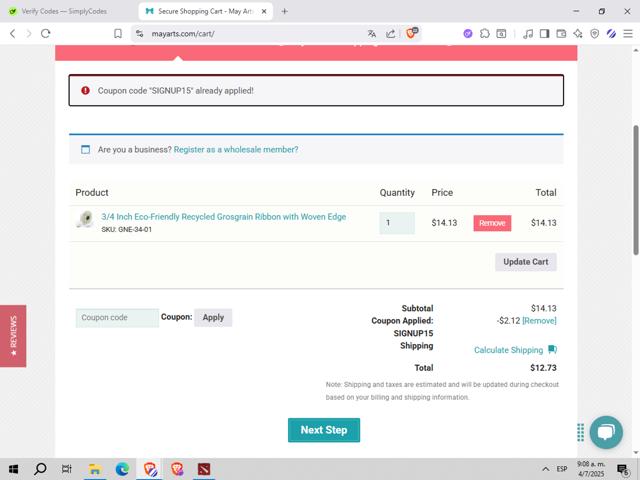 May Arts checkout page showing May Arts coupon code box | Screenshot taken by SimplyCodes community member on Jul 4, 2025