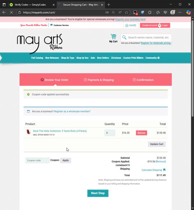 May Arts checkout page showing May Arts coupon code box | Screenshot taken by SimplyCodes community member on Aug 13, 2025