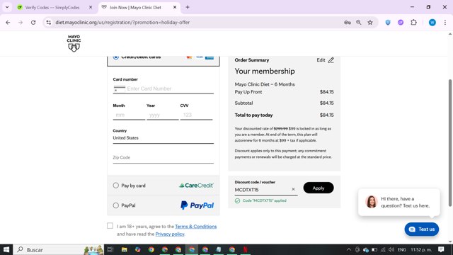 Mayo Clinic Diet checkout page showing Mayo Clinic Diet discount code box | Screenshot taken by SimplyCodes community member on Aug 10, 2025
