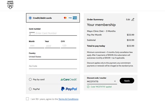 Mayo Clinic Diet checkout page showing Mayo Clinic Diet discount code box | Screenshot taken by SimplyCodes community member on Jul 29, 2025