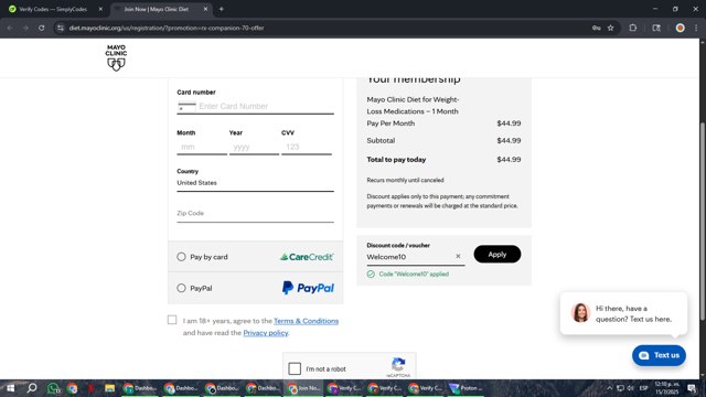 Mayo Clinic Diet checkout page showing Mayo Clinic Diet discount code box | Screenshot taken by SimplyCodes community member on Jul 15, 2025