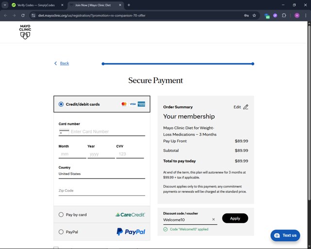 Mayo Clinic Diet checkout page showing Mayo Clinic Diet discount code box | Screenshot taken by SimplyCodes community member on Aug 10, 2025