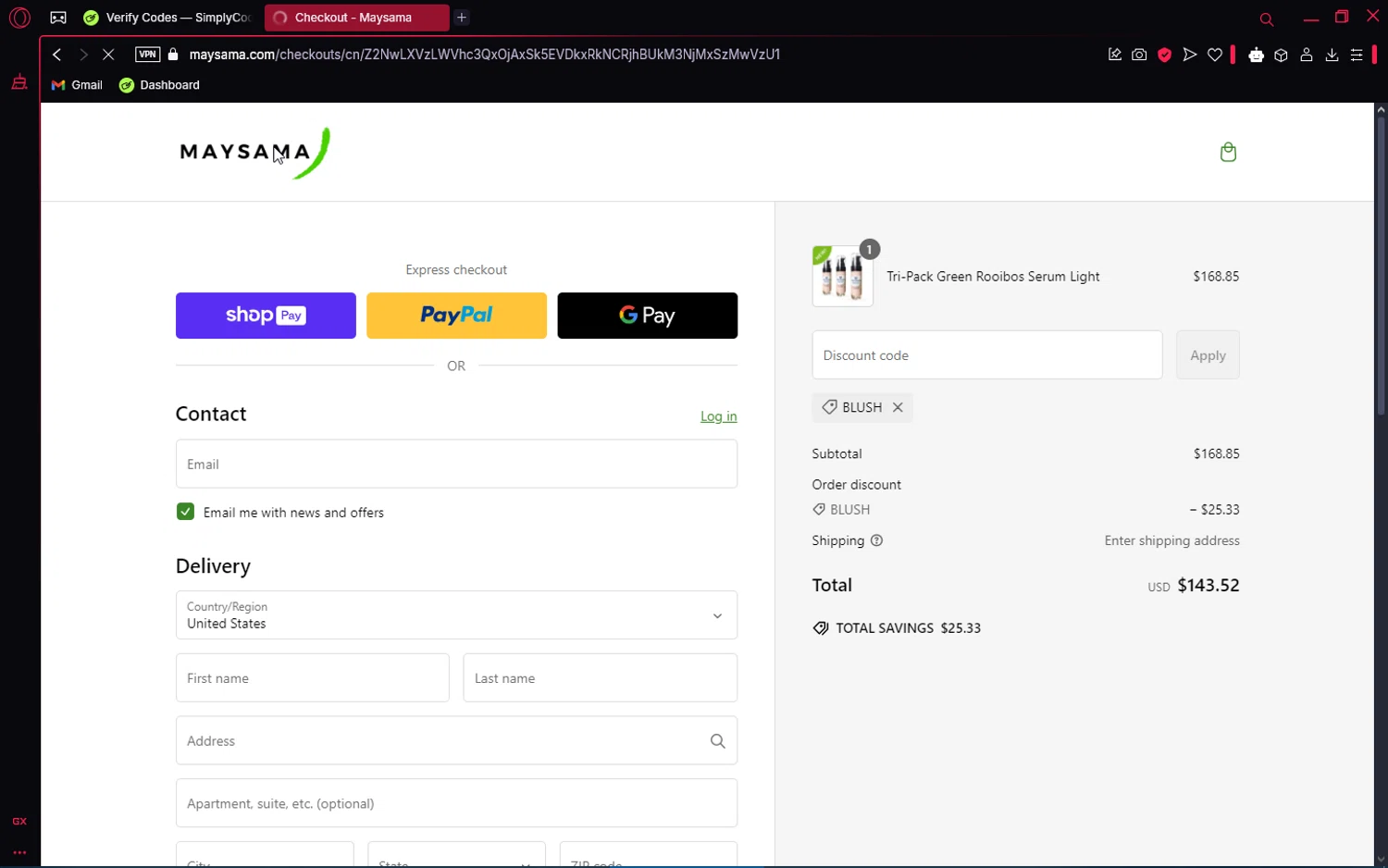 Maysama discount code screenshot showing code BLUSH applied at Maysama checkout page. Uploaded by SimplyCodes community member editor_1 on Mar 3, 2025