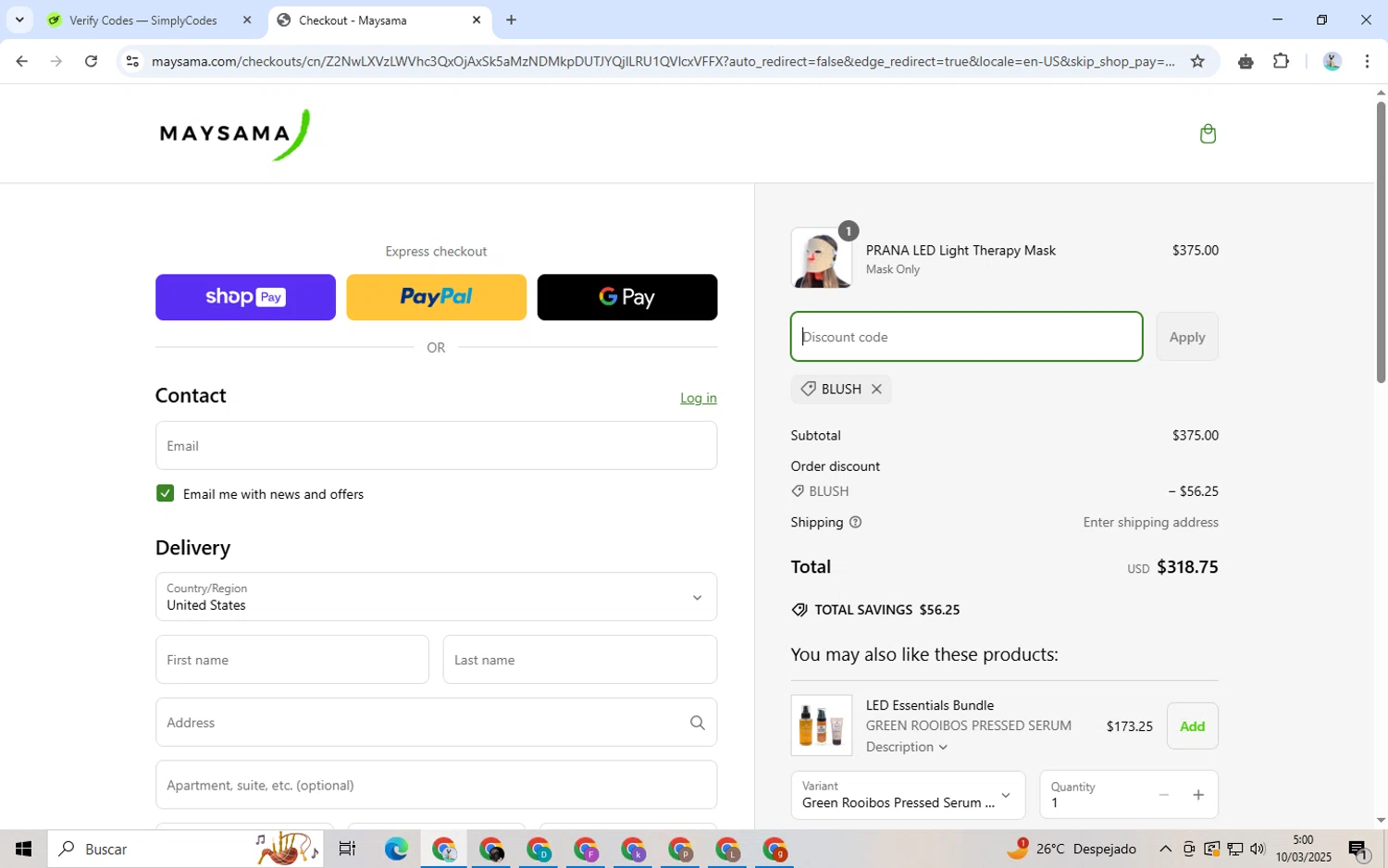 Maysama discount code screenshot showing code BLUSH applied at Maysama checkout page. Uploaded by SimplyCodes community member LegendaryWarden2503 on Mar 10, 2025