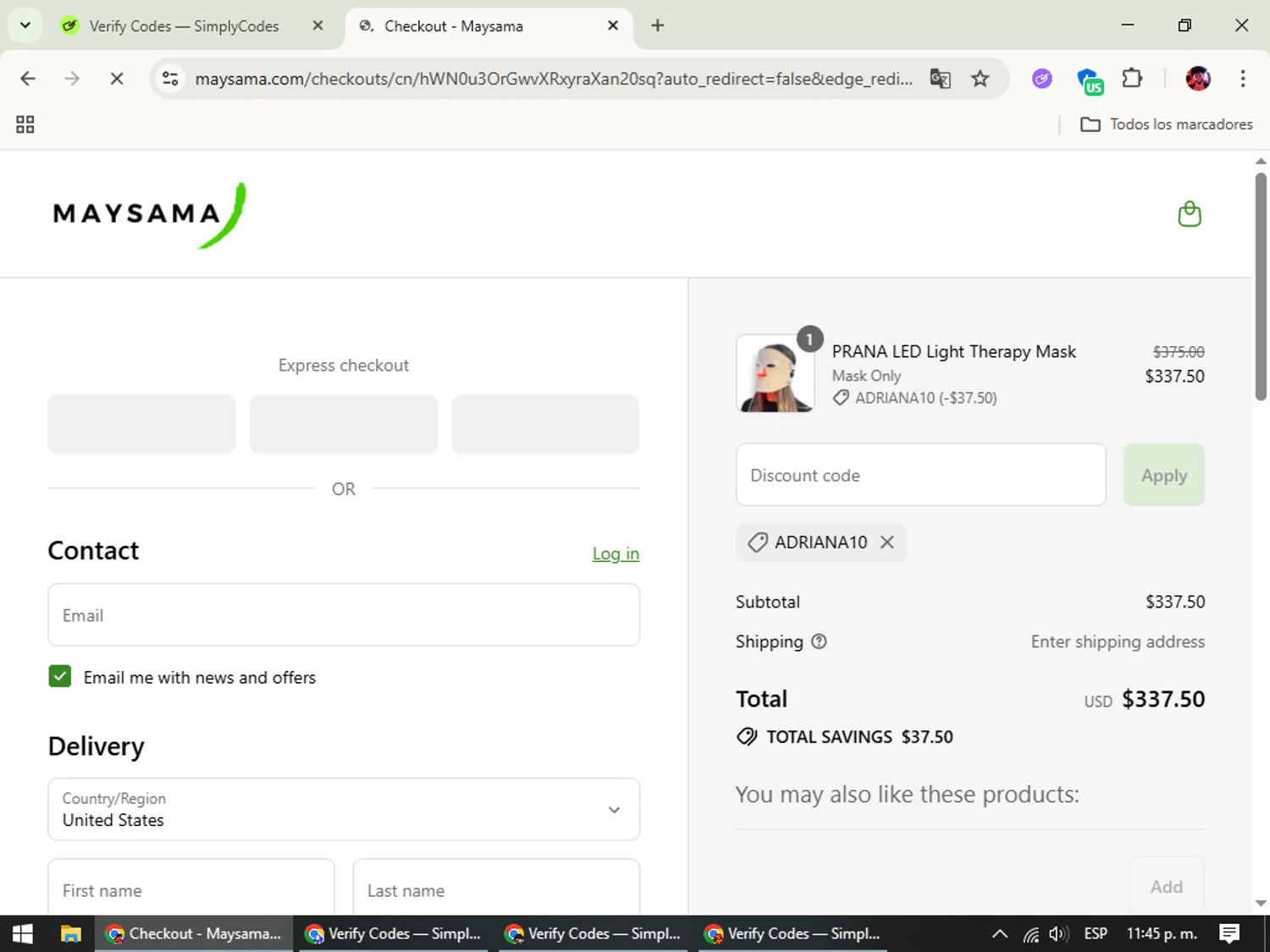 Maysama discount code screenshot showing code ADRIANA10 applied at Maysama checkout page. Uploaded by SimplyCodes community member SavingsEagle5772 on Jul 22, 2025