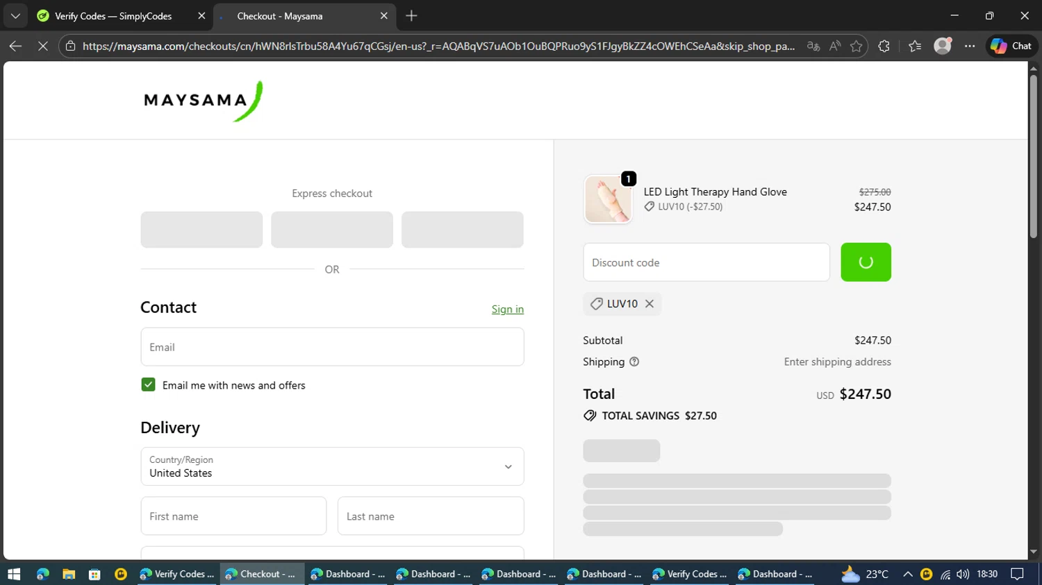 Maysama checkout page showing Maysama discount code box | Screenshot taken by SimplyCodes community member on Feb 16, 2026
