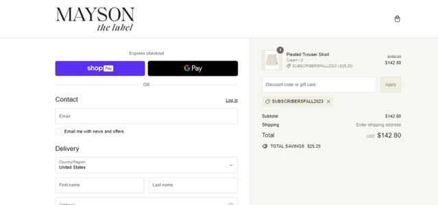 MAYSON the label checkout page showing MAYSON the label promo code box | Screenshot taken by SimplyCodes community member on May 23, 2024