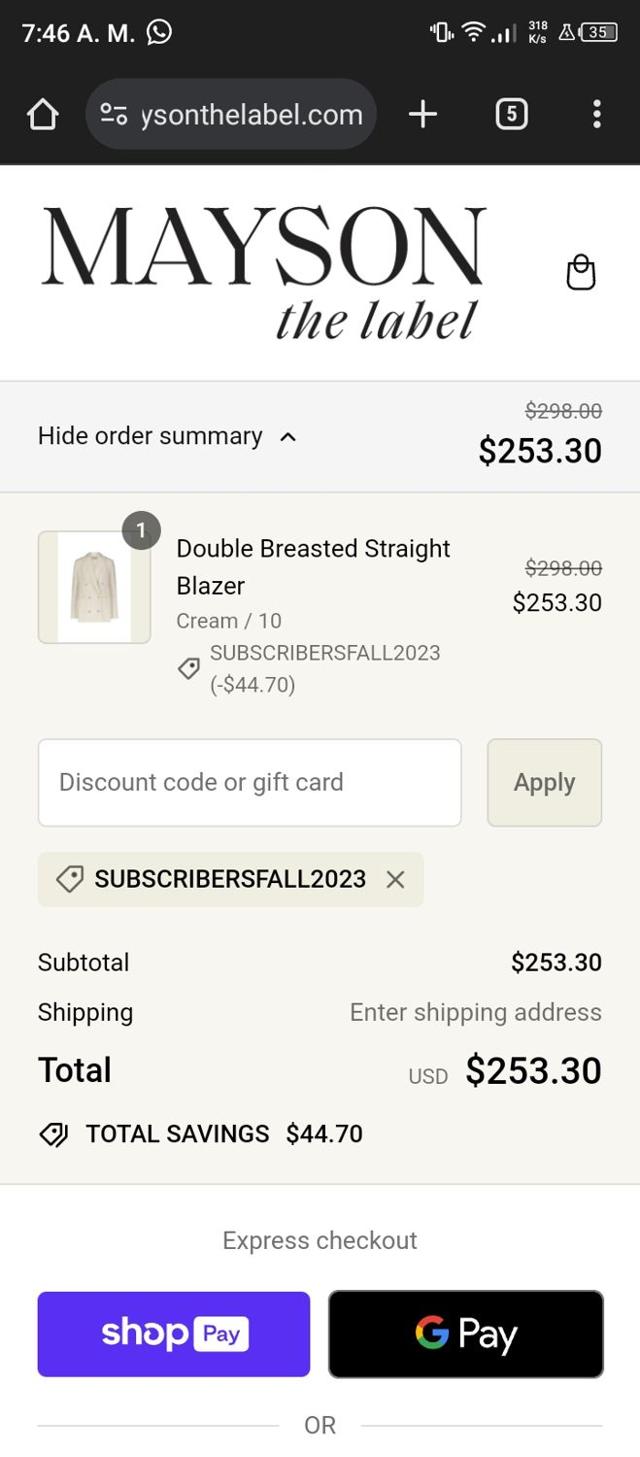 MAYSON the label checkout page showing MAYSON the label promo code box | Screenshot taken by SimplyCodes community member on Apr 24, 2024