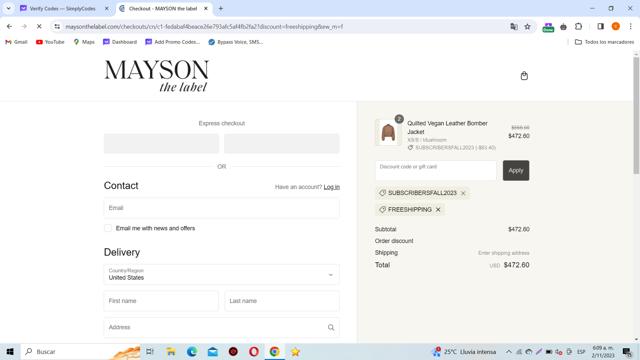 MAYSON the label checkout page showing MAYSON the label promo code box | Screenshot taken by SimplyCodes community member on Nov 2, 2023