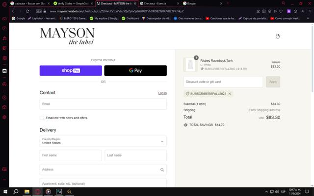 MAYSON the label checkout page showing MAYSON the label promo code box | Screenshot taken by SimplyCodes community member on Sep 11, 2024