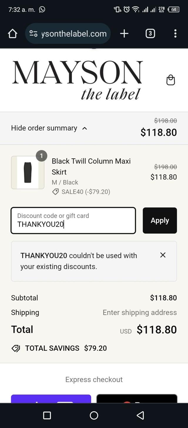 MAYSON the label checkout page showing MAYSON the label promo code box | Screenshot taken by SimplyCodes community member on May 23, 2024