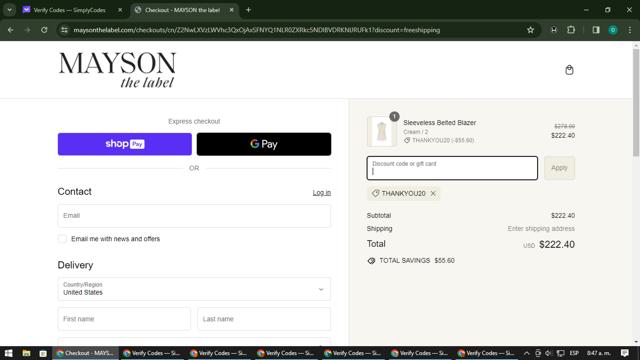 MAYSON the label checkout page showing MAYSON the label promo code box | Screenshot taken by SimplyCodes community member on Mar 26, 2024