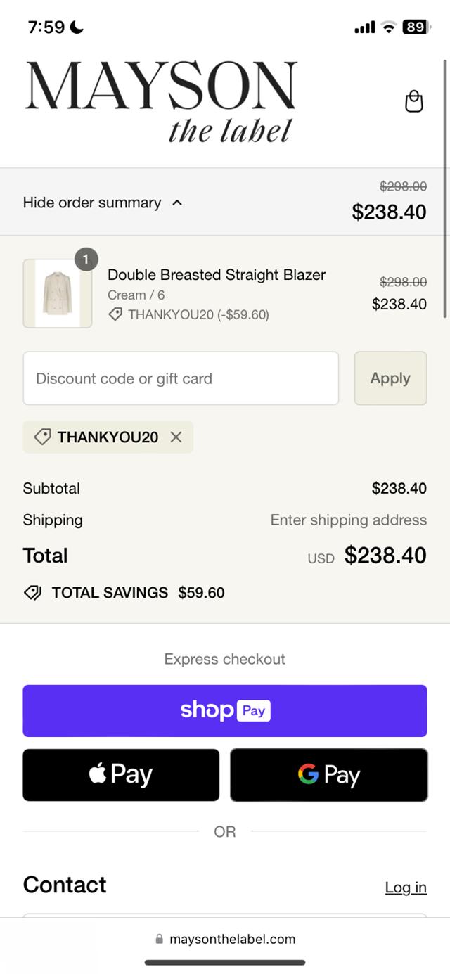 MAYSON the label checkout page showing MAYSON the label promo code box | Screenshot taken by SimplyCodes community member on Apr 24, 2024
