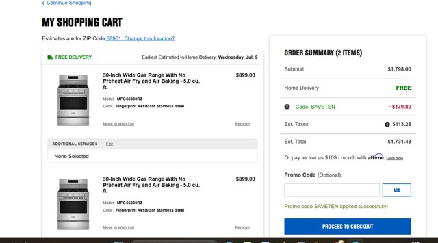 Maytag checkout page showing Maytag promo code box | Screenshot taken by SimplyCodes community member on Jul 2, 2025