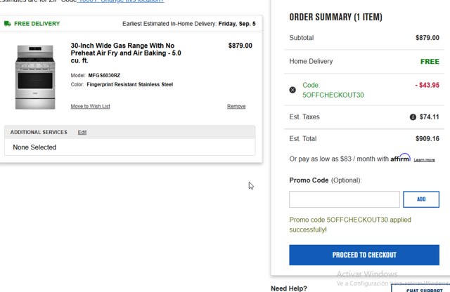 Maytag checkout page showing Maytag promo code box | Screenshot taken by SimplyCodes community member on Aug 30, 2025