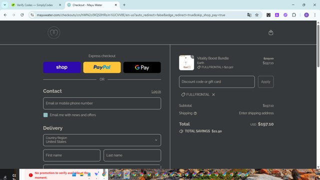 Mayu Water checkout page showing Mayu Water discount code box | Screenshot taken by SimplyCodes community member on Sep 5, 2025