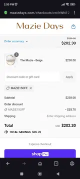 MAZIE15OFF coupon verification screenshot