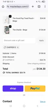 Chipper15 coupon verification screenshot