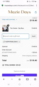 HAPPYPAWLIDAYS coupon verification screenshot