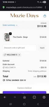 Welcome15 coupon verification screenshot