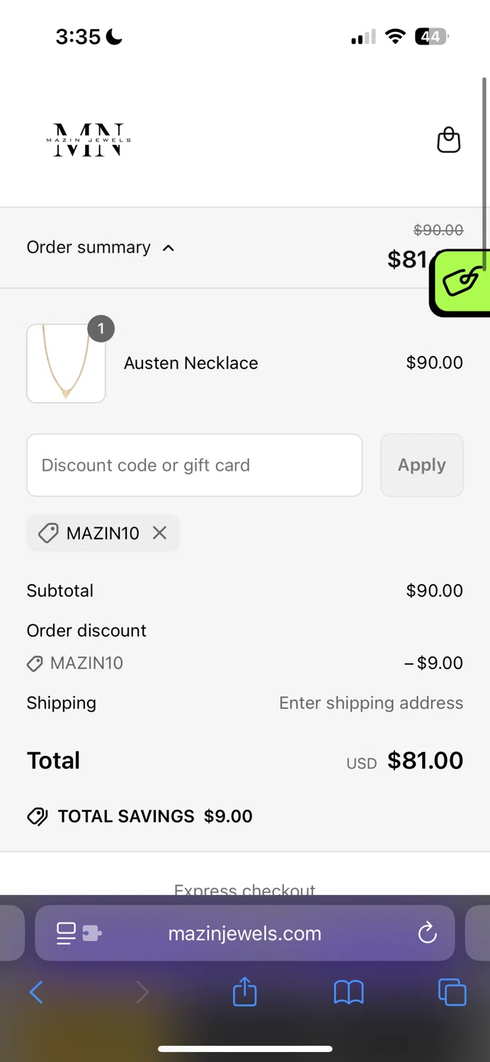 Mazin Jewels discount code screenshot showing code MAZIN10 applied at Mazin Jewels checkout page. Uploaded by SimplyCodes community member NPGF10 on Apr 25, 2025