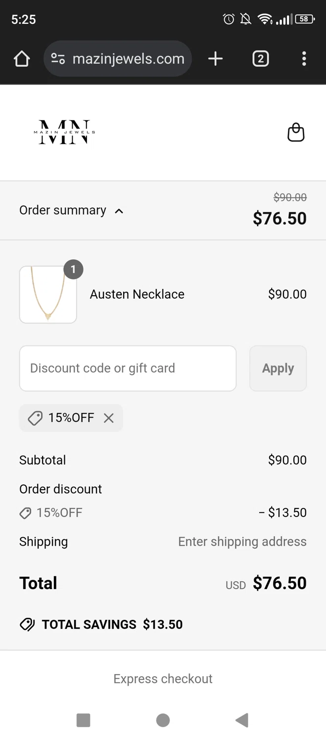 Mazin Jewels discount code screenshot showing code 15%OFF applied at Mazin Jewels checkout page. Uploaded by SimplyCodes community member Akatsuki on Apr 14, 2025