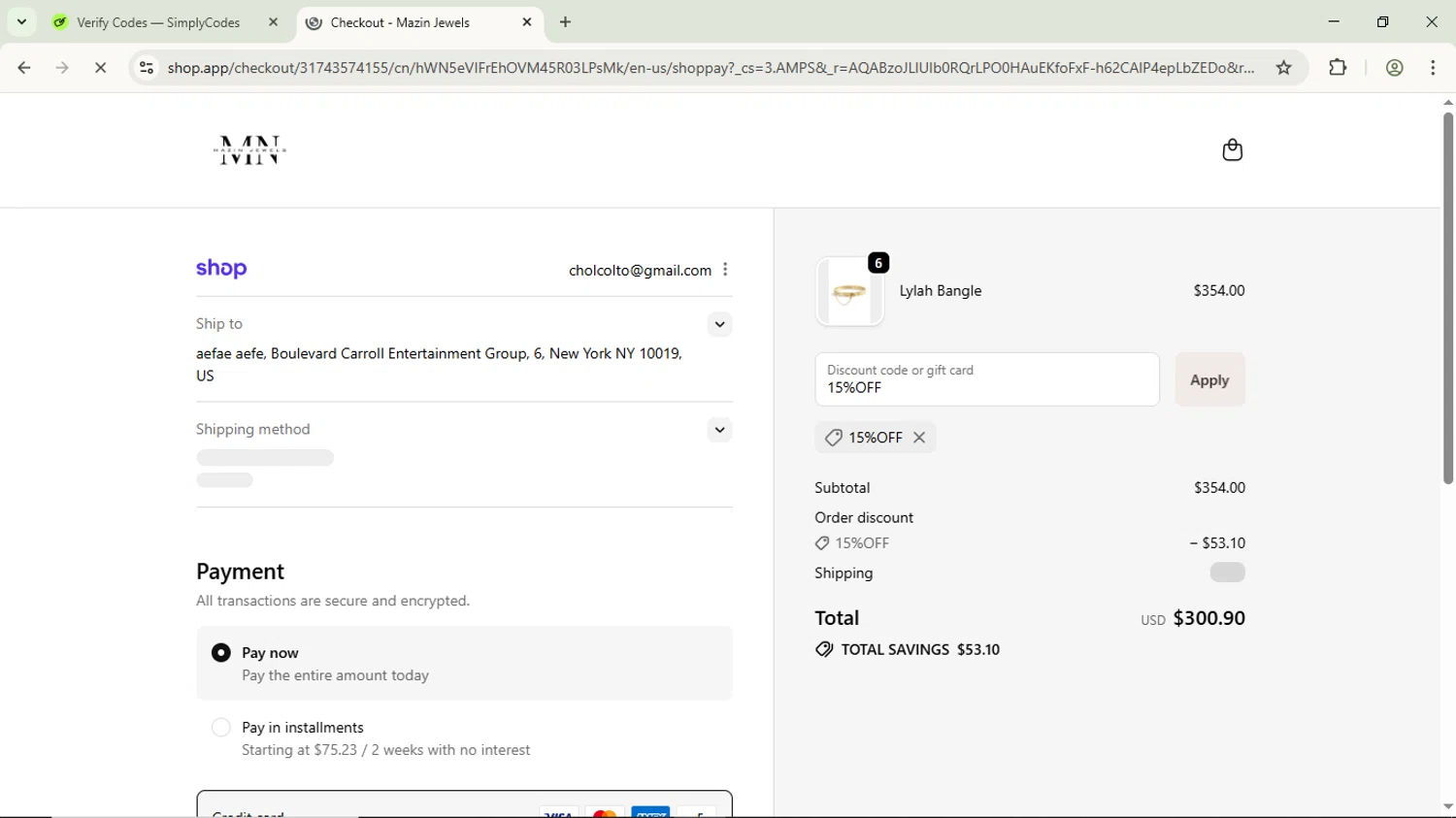 Mazin Jewels discount code screenshot showing code 15%OFF applied at Mazin Jewels checkout page. Uploaded by SimplyCodes community member ScanPhoenix3549 on Nov 24, 2025