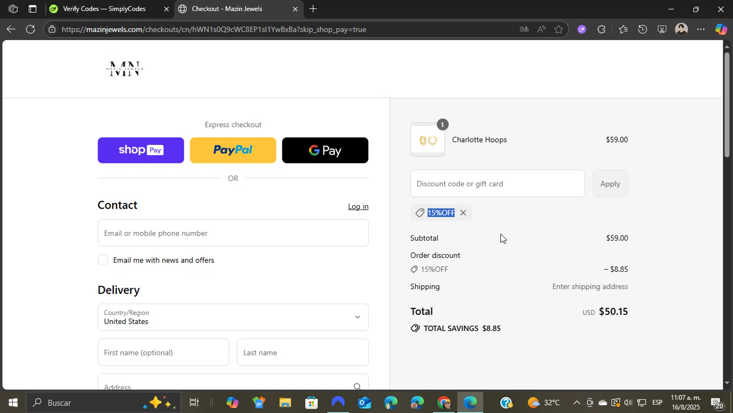 Mazin Jewels discount code screenshot showing code 15%OFF applied at Mazin Jewels checkout page. Uploaded by SimplyCodes community member WonderKnight7884 on Aug 16, 2025