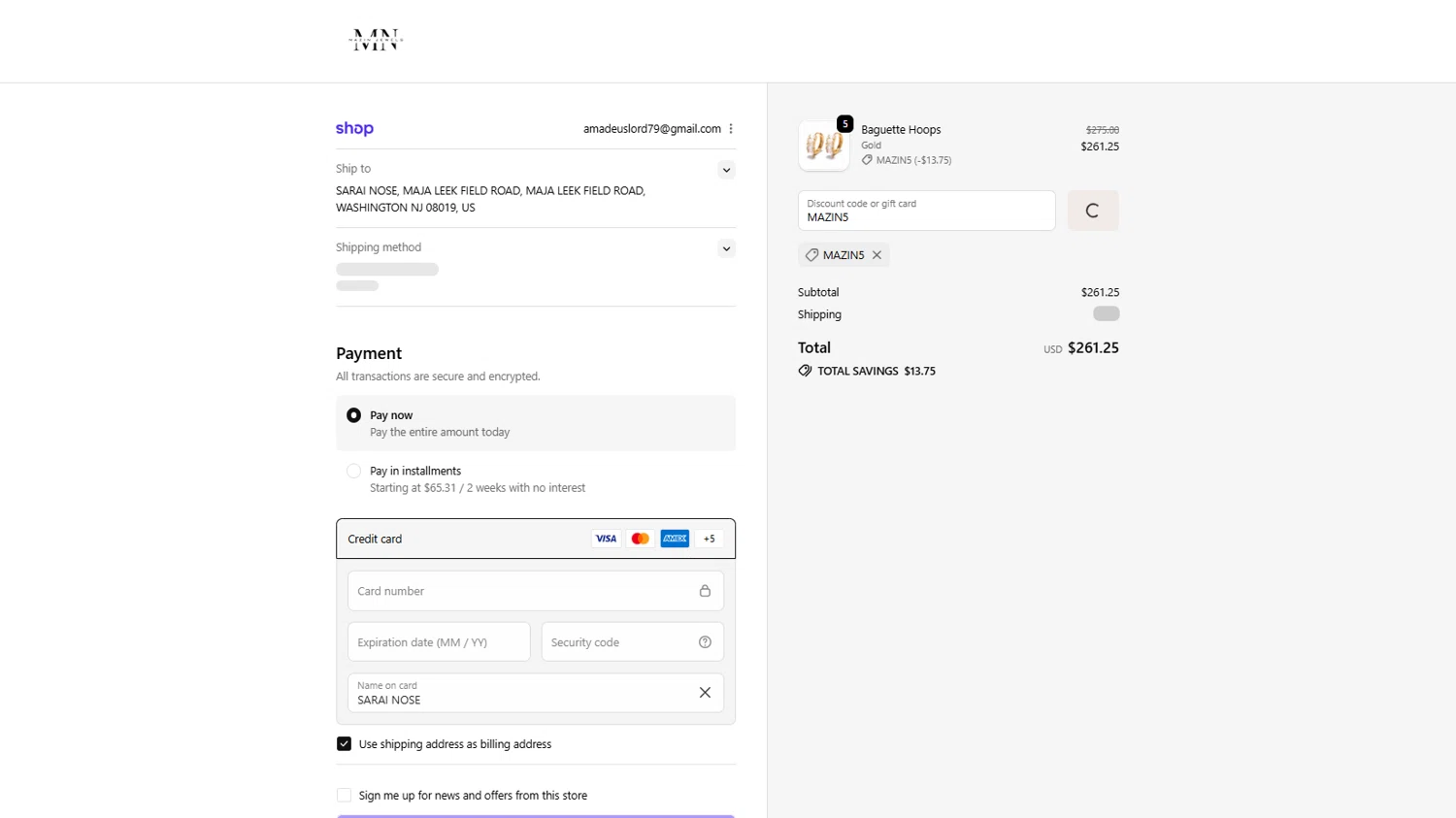 Mazin Jewels discount code screenshot showing code MAZIN5 applied at Mazin Jewels checkout page. Uploaded by SimplyCodes community member MrsPopo on Nov 24, 2025