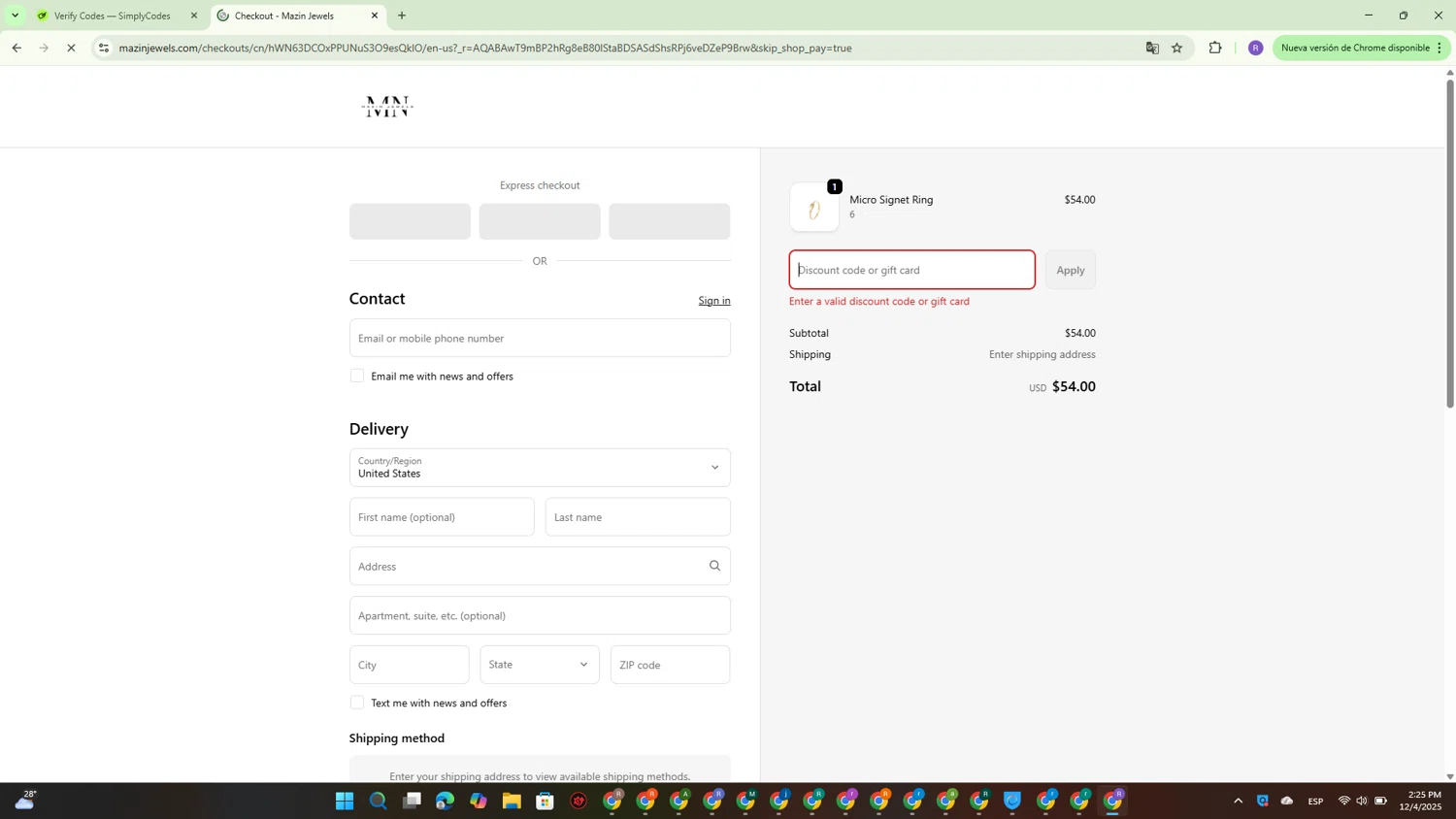 Mazin Jewels discount code screenshot showing code bf25 applied at Mazin Jewels checkout page. Uploaded by SimplyCodes community member CouponBoss4754 on Dec 4, 2025