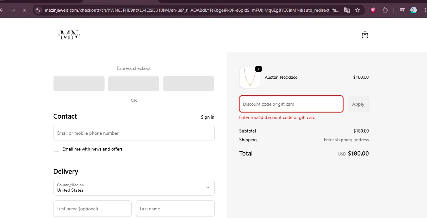 Mazin Jewels discount code screenshot showing code bf25 applied at Mazin Jewels checkout page. Uploaded by SimplyCodes community member elgatobravo on Dec 4, 2025