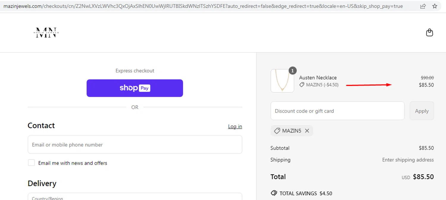 Mazin Jewels discount code screenshot showing code MAZIN5 applied at Mazin Jewels checkout page. Uploaded by SimplyCodes community member EMILIANOMASABE on Jun 10, 2025