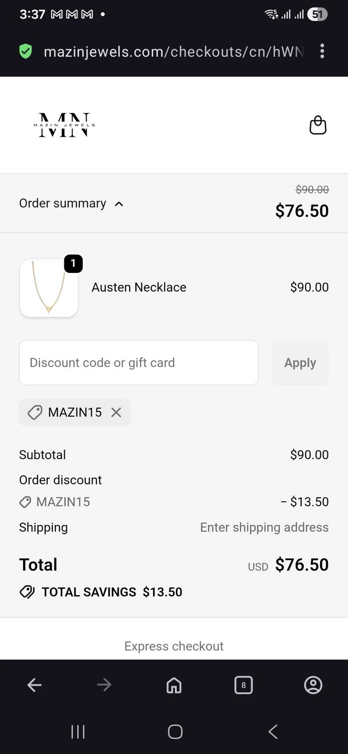 Mazin Jewels discount code screenshot showing code Mazin15 applied at Mazin Jewels checkout page. Uploaded by SimplyCodes community member vida5254427716958 on Nov 27, 2025