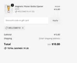 WELCOME10! coupon verification screenshot