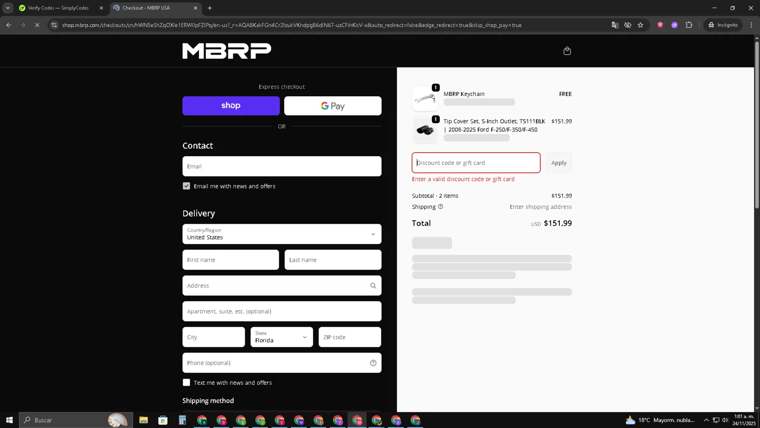 MBRP discount code screenshot showing code OTW10 applied at MBRP checkout page. Uploaded by SimplyCodes community member CBR600 on Nov 24, 2025