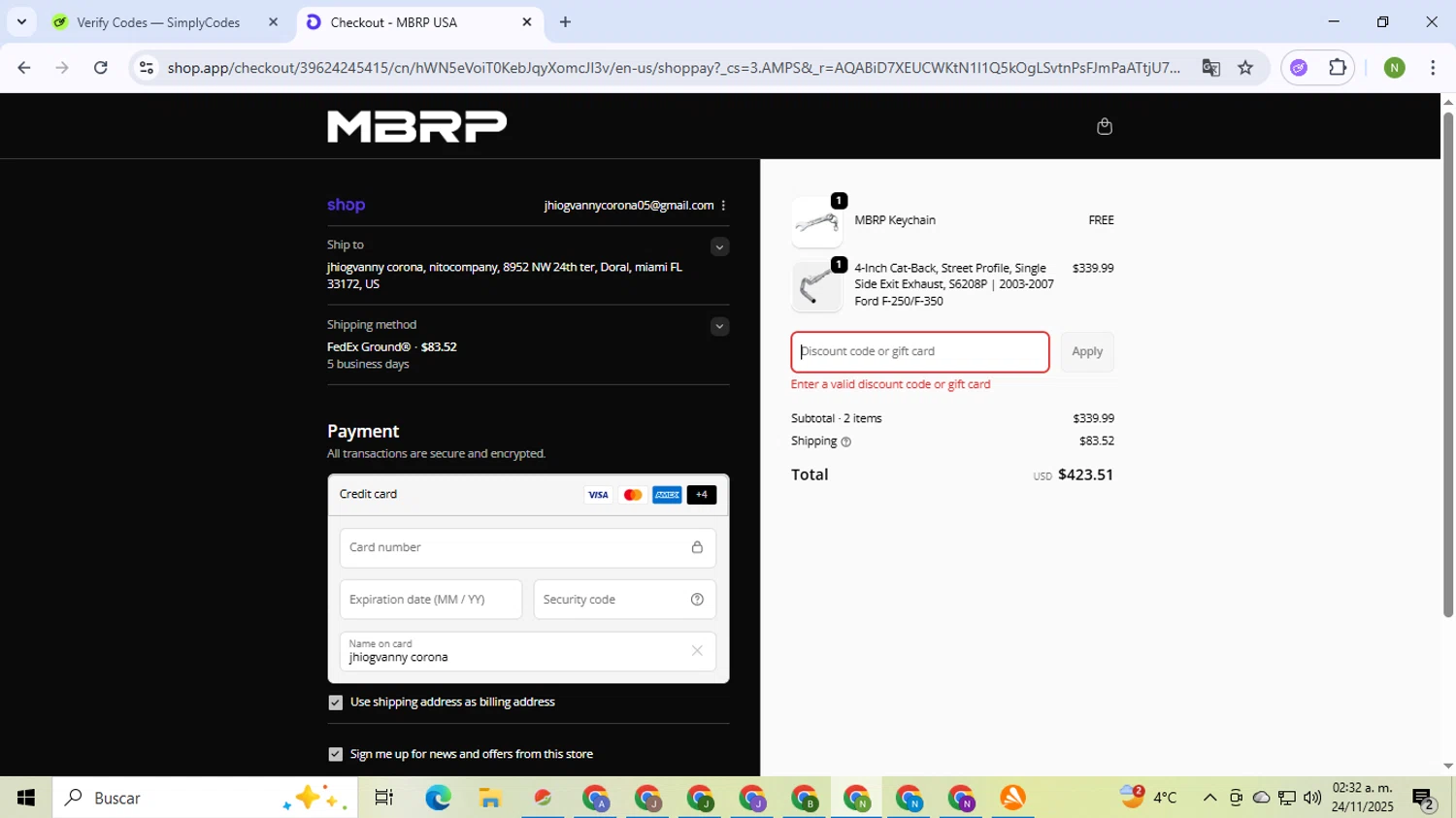 MBRP discount code screenshot showing code OTW10 applied at MBRP checkout page. Uploaded by SimplyCodes community member TokenMaverick6956 on Nov 24, 2025