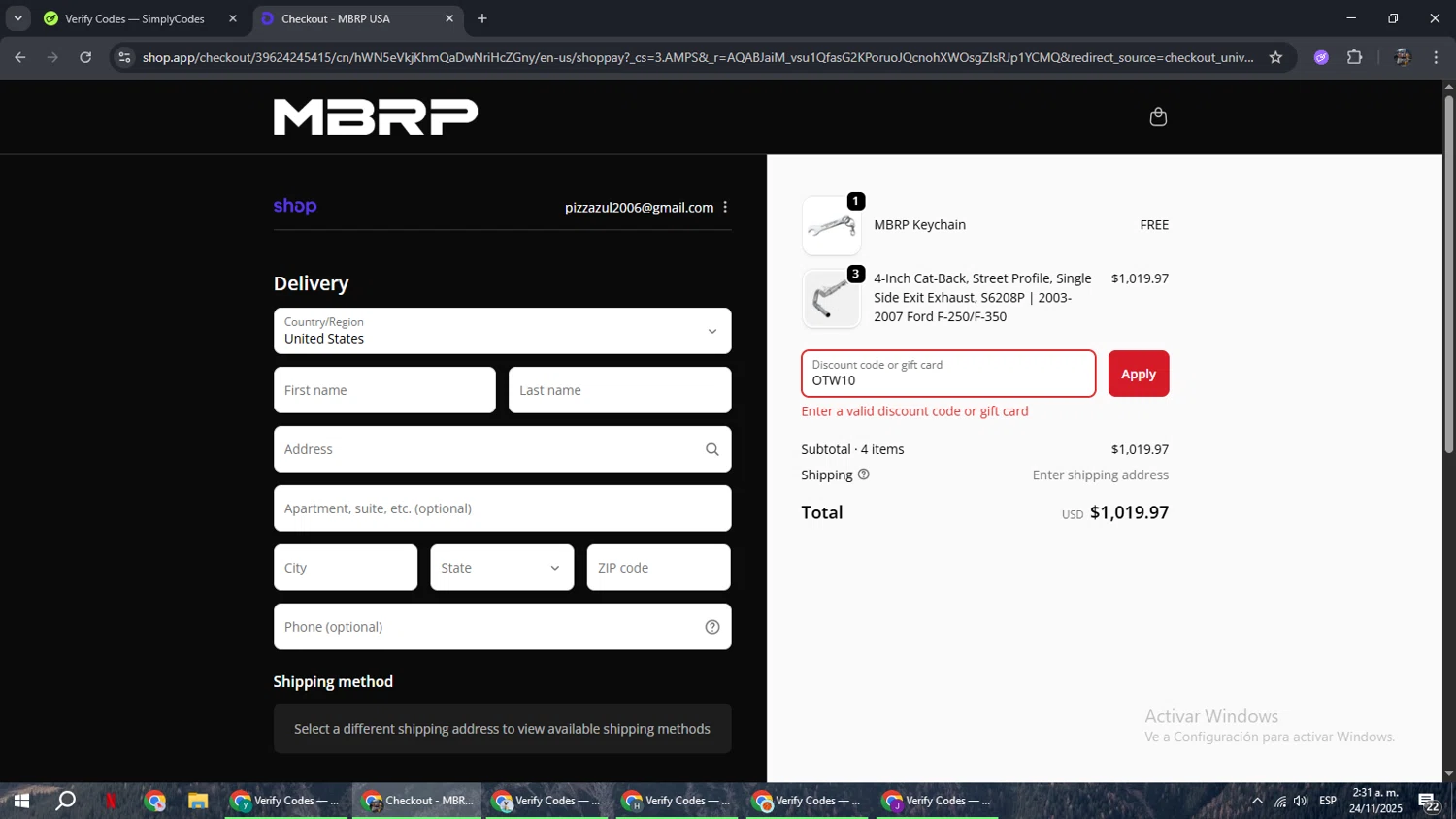 MBRP discount code screenshot showing code OTW10 applied at MBRP checkout page. Uploaded by SimplyCodes community member xxdddd on Nov 24, 2025
