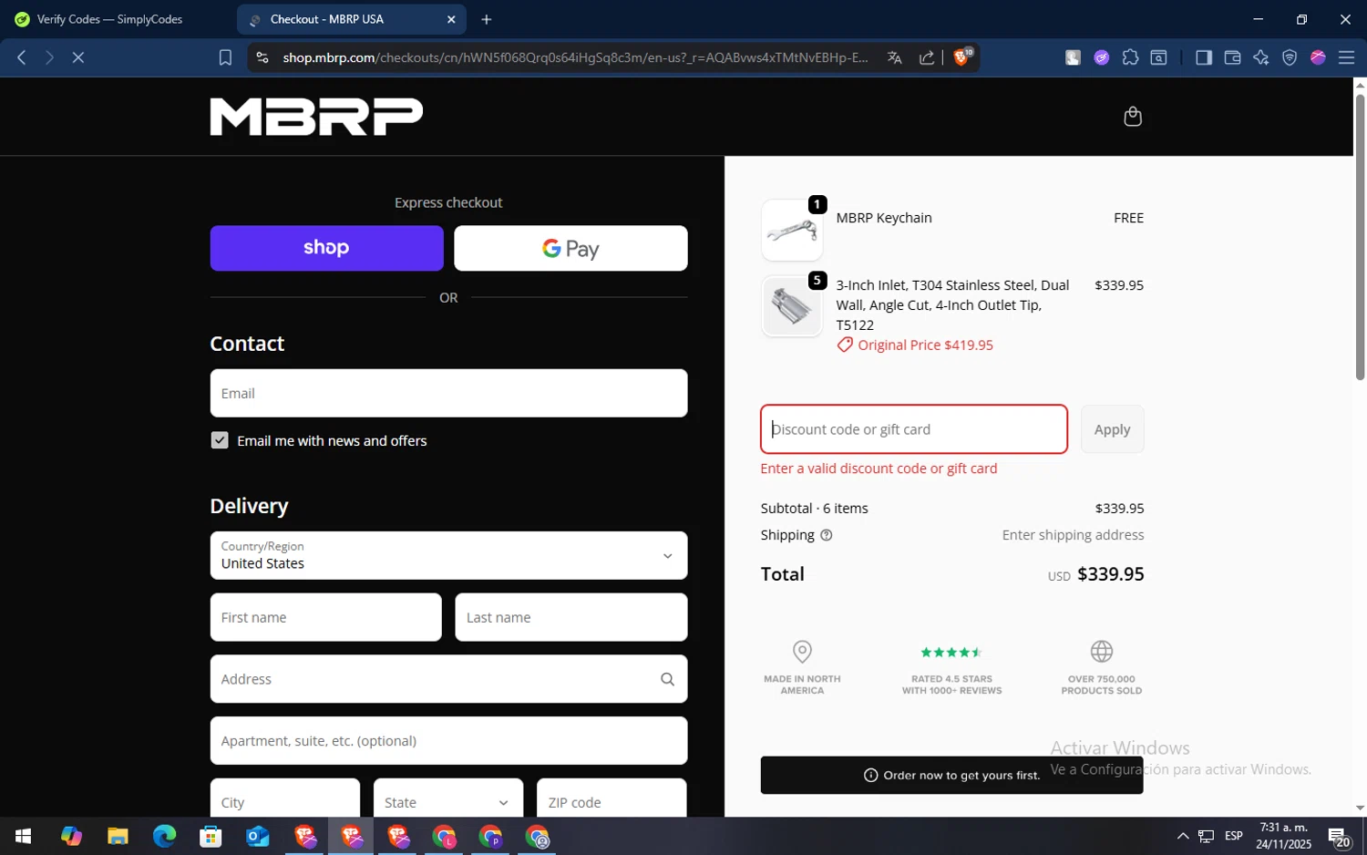 MBRP discount code screenshot showing code JPSTEPHENS applied at MBRP checkout page. Uploaded by SimplyCodes community member TokenSaver1205 on Nov 24, 2025