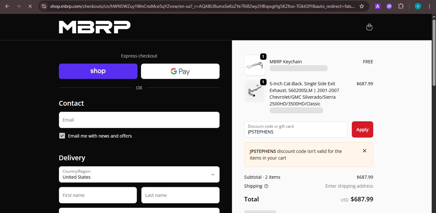 MBRP discount code screenshot showing code JPSTEPHENS applied at MBRP checkout page. Uploaded by SimplyCodes community member ValiantChaser7723 on Nov 20, 2025