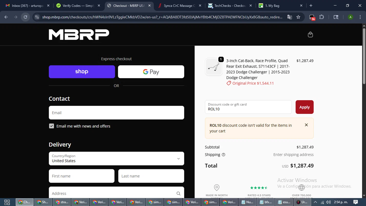 MBRP discount code screenshot showing code ROL10 applied at MBRP checkout page. Uploaded by SimplyCodes community member CashLynx5338 on Nov 3, 2025