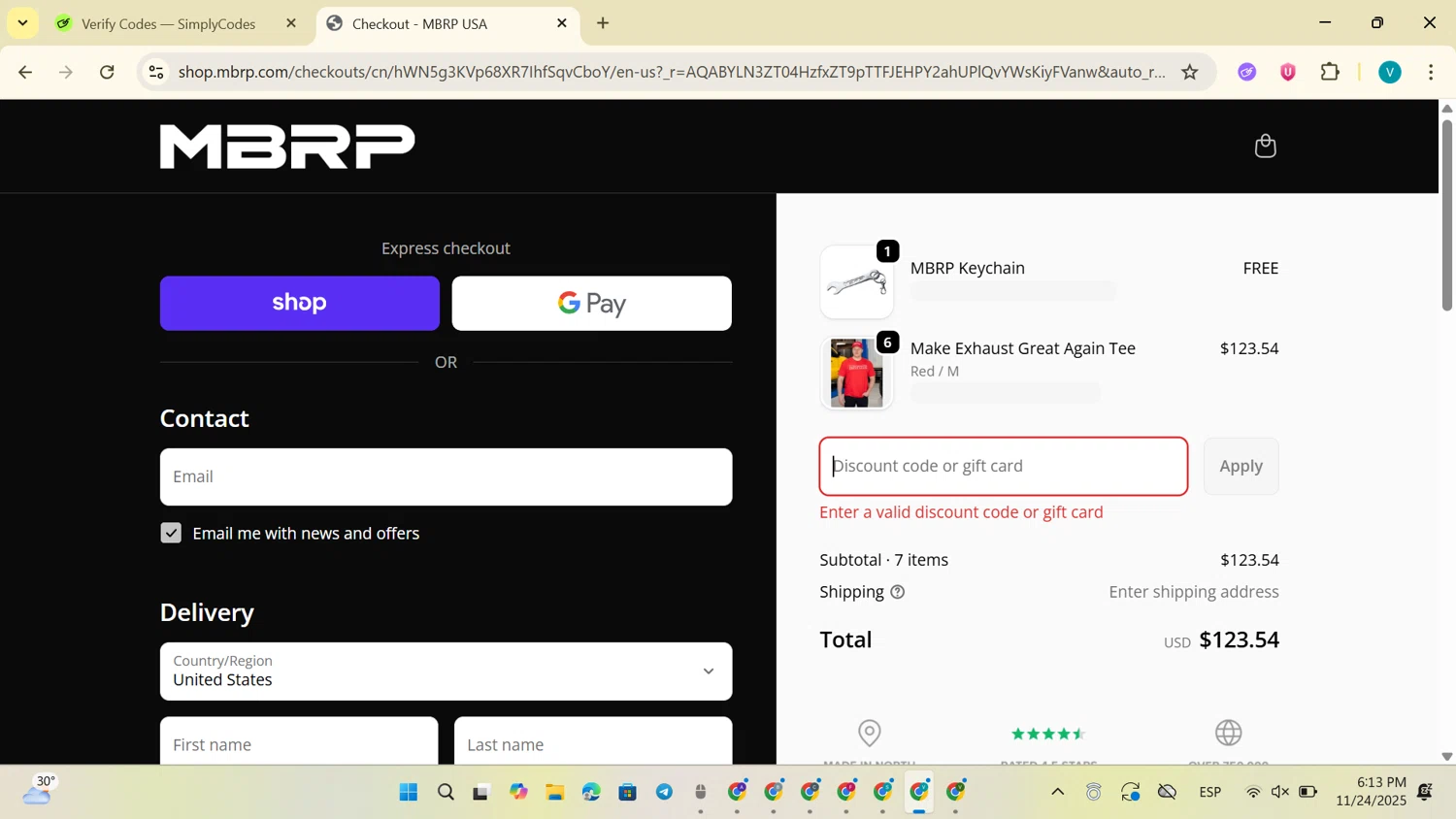 MBRP discount code screenshot showing code DRIVE10 applied at MBRP checkout page. Uploaded by SimplyCodes community member CodeLegend9596 on Nov 24, 2025